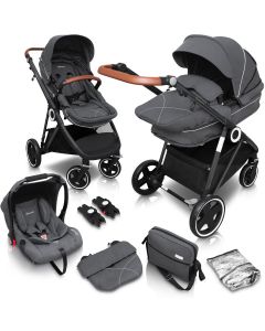 BabyGO Halime - Combi Kinderwagen - Zwart frame - Grijs (incl. autostoel)